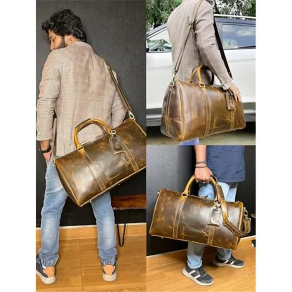 Men's Leather Duffle Bag Full Grain Leather Travel Bag, 20 inch